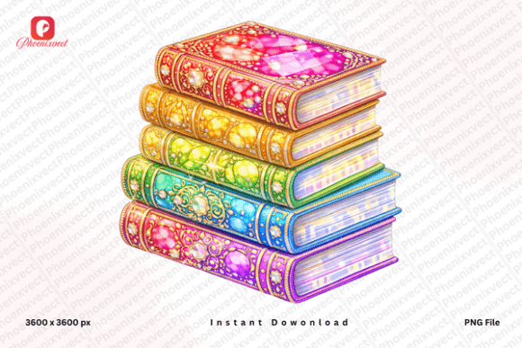 Rainbow Rhinestone Stack Book PNG: Elevating Digital Design with Fantasy Gemstone Art